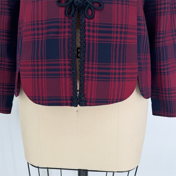 Vintage 90s Jessica Howard Fitted Tartan Plaid Blazer 12 Petite Wine/Navy - Picture 9 of 12